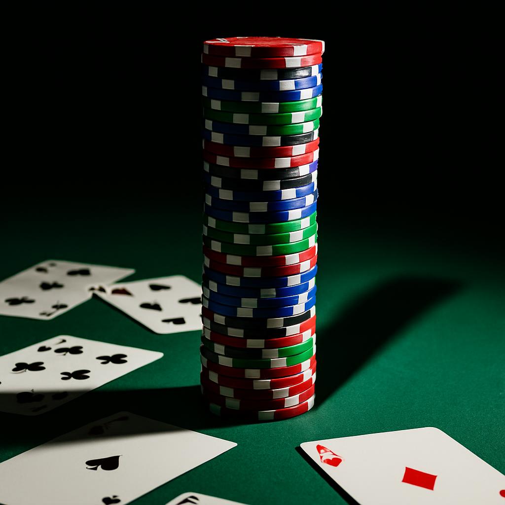 A poker game in progress, with a stack of chips and discarded cards scattered on the table.